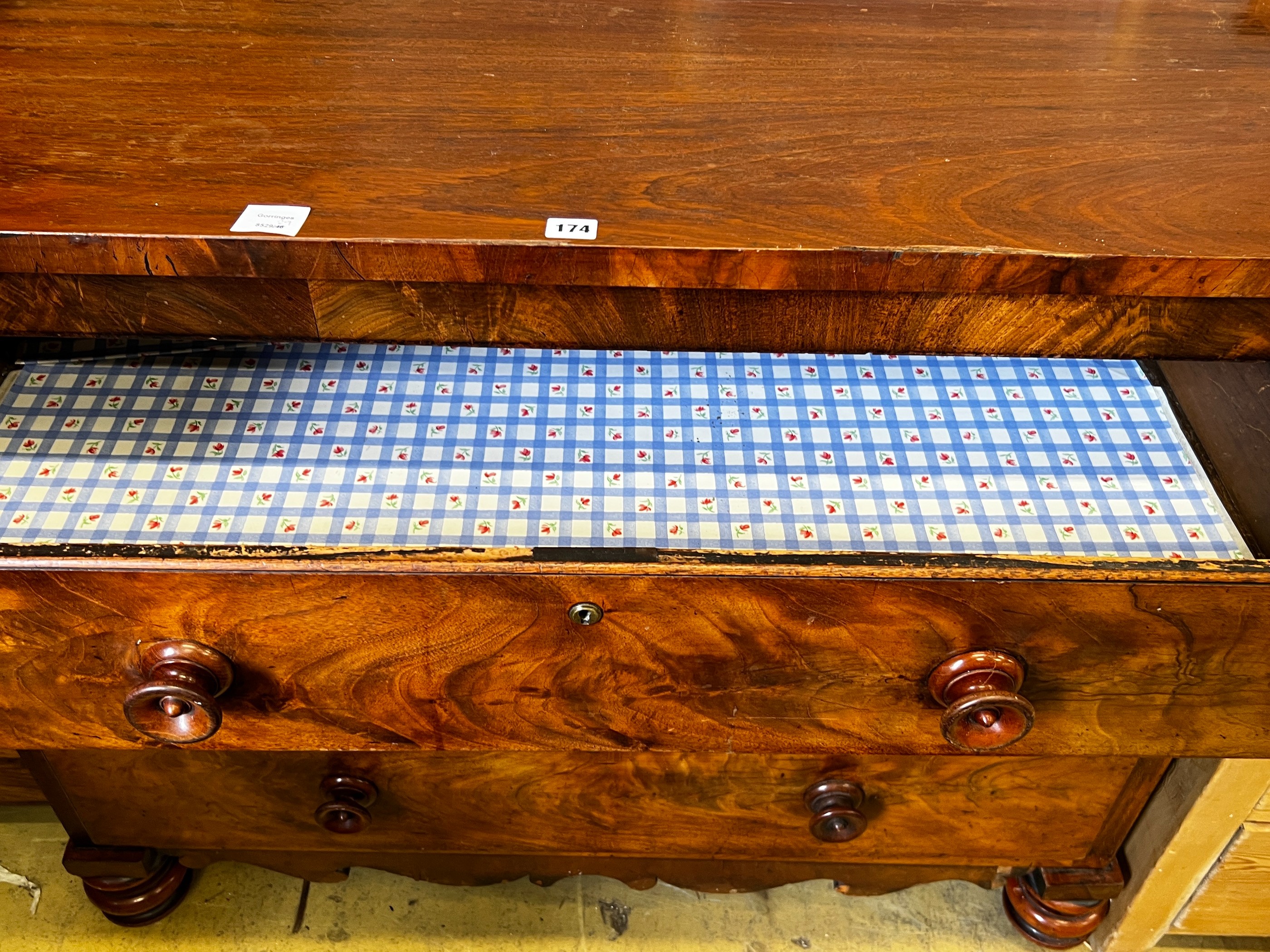 A Victorian mahogany chest of three drawers, width 116cm, depth 56cm, height 97cm